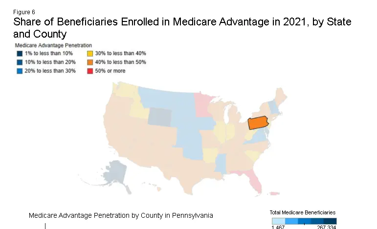 Share of Beneficiaries Enrolled in Medicare Advantage in 2021, by State and County